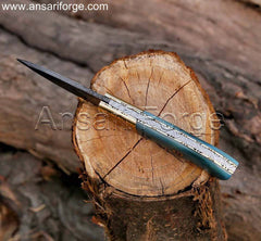 Handmade Pocket Knife , Damascus Steel Folding Blade , Bone Handle , Sharpener & Pouch