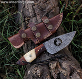 Hunter's Edge Skinner 8.5" Fixed Blade Damascus Skinning Knife With Bone Handle & Horizontal Leather Sheath
