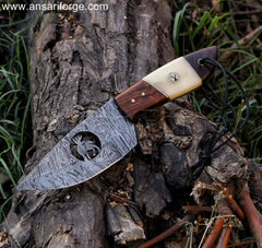 Hunter's Edge Damascus Skinning Knife - Hand-forged Damascus steel blade with fire pattern for exceptional sharpness.