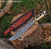 Best Custom Damascus Bowie Knife with Stag Antler Handle & Leather Sheath