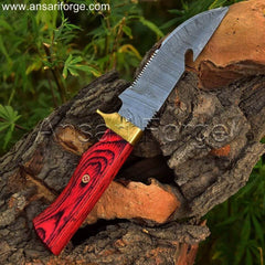 Ruby Ranger 9" Deer Gut Hook Knife With Damascus Steel Blade & Red wood handle