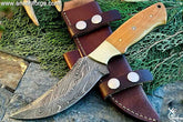 Handmade Damascus steel hunting knife olive wood handle and leather sheath