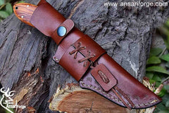Hand Forged Damascus Steel Hunting Knife with Leather Sheath, Olive Wood Handle - 9 Inches Full Tang Multipurpose Fixed Blade Skinner Knife AF102