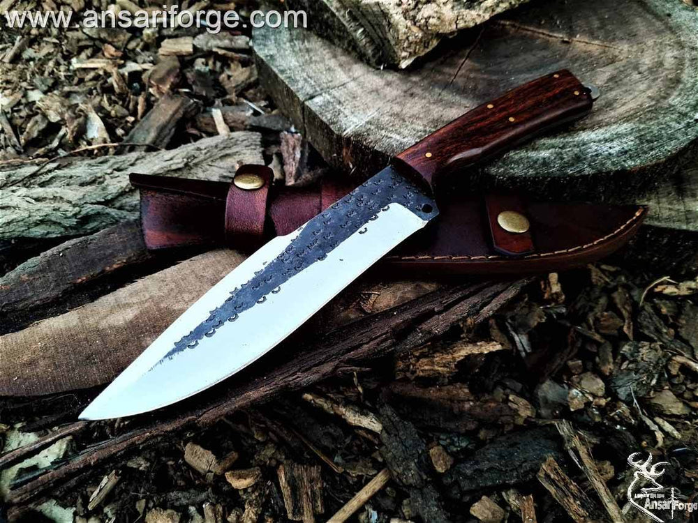 Custom handmade 1095 steel hunting knife 1095 steel full tang hammered blade with 60 HRC hardness , Rosewood handle and cowhide leather sheath .