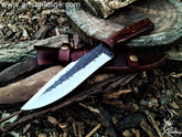 Custom handmade 1095 steel hunting knife 1095 steel full tang hammered blade with 60 HRC hardness , Rosewood handle and cowhide leather sheath .