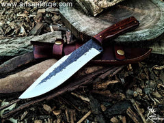 Custom handmade 1095 steel hunting knife 1095 steel full tang hammered blade with 60 HRC hardness , Rosewood handle and cowhide leather sheath .