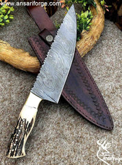 Damascus Kitchen Chef Knives Stag Handle 8 " inches with leather sheath