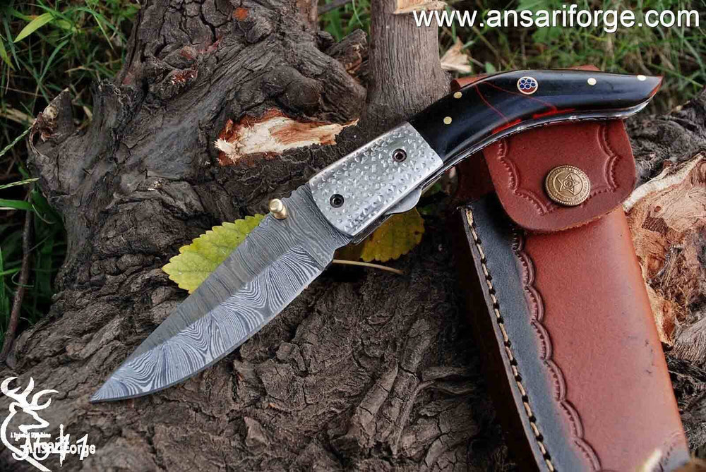 Damascus steel folding blade pocket knife