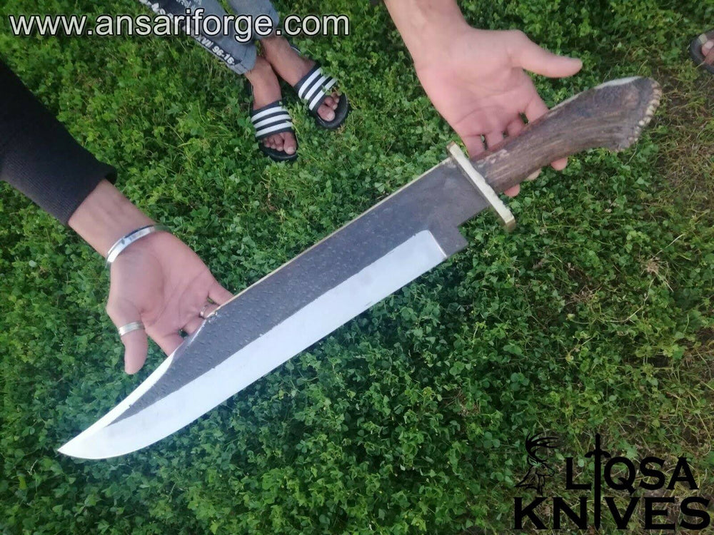 Handcrafted Large Bowie Knife with Stag Antler Handle and 1095 High Carbon Steel Blade.
