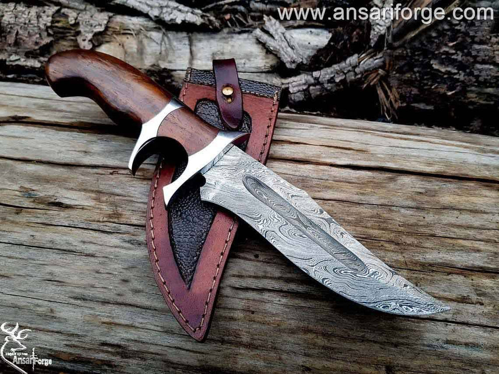 Custom handmade Damascus steel wood handle hunting knife Damascus steel 1095 & 15n20 hand forged twisted blade with 58 - 60 HRC hardness and blood grove . Stainless steel hilts and walnut wood handle . Always comes with genuine customize cowhide leather sheath