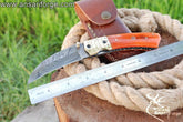 Handmade Damascus steel folding knife with leather pouch