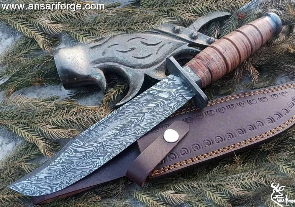 Ansari Forge Damascus Steel USMC Combat Fighter Fixed Blade Hunting Knife With Sheath Prototype .