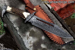 Custom Made Damascus Steel Bowie Knife - Stag Handle Hunting Knife With Sheath