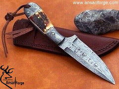 Damascus Steel hunting Knife Stag Antler Handle with Damascus Bolsters & Brass Liners – 9” Handmade Premium Quality Sharp Edge Fix Blade - Genuine Multipurpose Knife – Ideal for Hunting, Camping