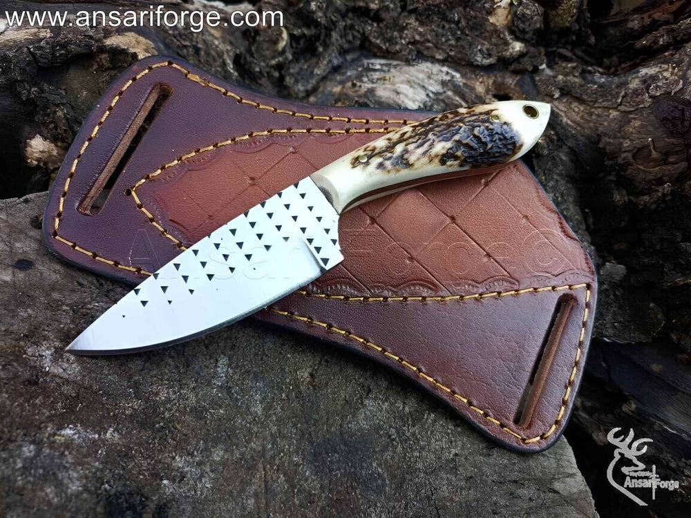 Best Fixed Blade Knife - Handmade Farrier Rasp Steel with Stag Antler Handle & Leather Sheath.