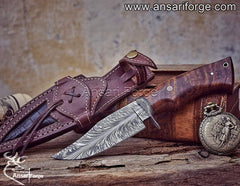 Handcrafted Bowie Knife 10" Feather Damascus Hunting Knife with Walnut Handle and Leather Sheath