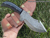 Skinning Knife With Gut Hook Forged Rain Drop Damascus Knife With Bull Horn Handle And Leather Sheath
