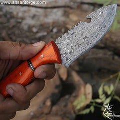 Damascus steel best hunting knife gut hook and leather sheath