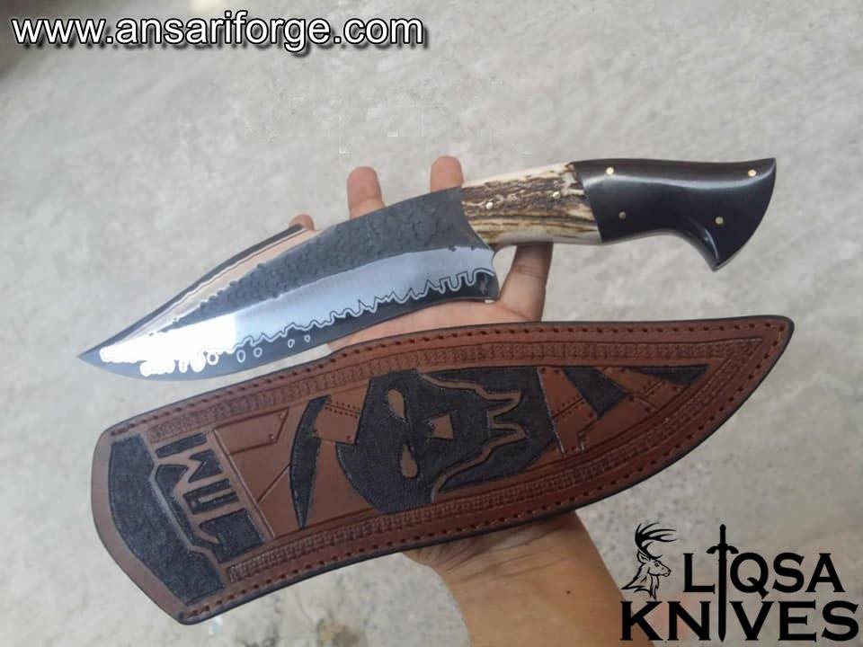 San Mai Knife 13" Custom Fixed Blade Stag Horn Handle Knife With Leather Sheath