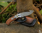 Damascus Pocket Knife Handmade Gut Hook Pocket Clip Folding Knife With Leather Sheath.