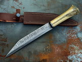 Viking Seax Knife with hand-forged Damascus steel blade and camel bone handle. Leather sheath included.