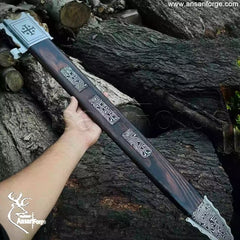 Hand-Forged Custom Knight Sword (38") by Ansari Forge with Rosewood Scabbard and Damascus Steel Hilt.