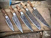 Professional chef knife set with case – 5 piece hand forged Damascus kitchen knives.