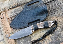 Fixed Blade Hunting Knife Flint Knapped Full Tang Stag Antler Handle Straight Edge and Drop Point 5160 Blade Game Processing Knife, Sheath Included .