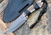 Fixed Blade Hunting Knife Flint Knapped Full Tang Stag Antler Handle Straight Edge and Drop Point 5160 Blade Game Processing Knife, Sheath Included