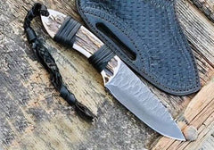 Fixed Blade Hunting Knife Flint Knapped Full Tang Stag Antler Handle Straight Edge and Drop Point 5160 Blade Game Processing Knife, Sheath Included