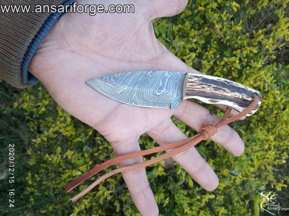 3 Inch Damascus EDC knife Fixed Blade, Stag Antler Handle