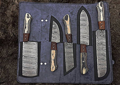 Damascus steel handmade kitchen knives set 5 pcs chef knife set