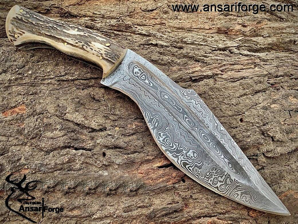 Handmade Damascus Bowie Knife , Kukri Knife With Stag Antler Handle- Buck 40.