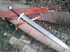 Hand-forged Damascus Steel Sword, 526 layers, double-edged, with leather-wrapped Rosewood handle and brass accents.