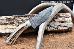 Stag Horn Handle Forged Feather Damascus Hunting Knife With Leather Sheath