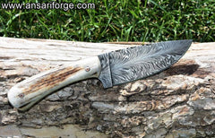 Feather Damascus hunting knife stag horn handle