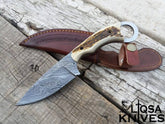 Damascus Knife With Finger Hole – Handmade Hunting Blade with Stag Handle.