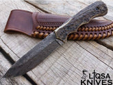 Damascus Steel Stag Antler Handle Knife With Sheath For Hunting , Camping.