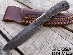 Damascus Steel Stag Antler Handle Knife With Sheath For Hunting , Camping.