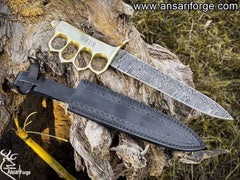 US 1918 Forged Damascus Steel Custom Made Tactical Army Knife With Leather Sheath