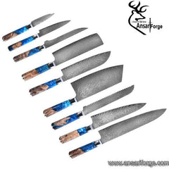 9 Pcs Damascus steel handmade Japanese kitchen knives set unique chef knife set