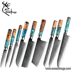 9 Pcs Damascus steel handmade Japanese kitchen knives set unique chef knife set