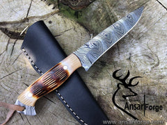 Damascus steel handmade full tang hunting knife bone handle