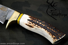Damascus forged hunting knife stag antler handle