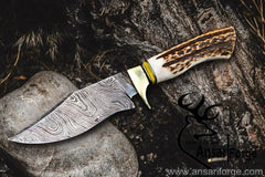 Damascus forged hunting knife stag antler handle