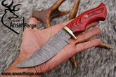 Damascus hunting knife with leather sheath.