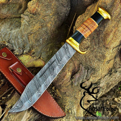 Ansari Forge Damascus Steel Crocodile Dundee Bowie Knife with Leather Sheath.