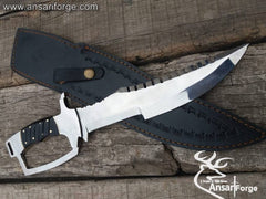 D-Guard Bowie Knife with mirror-polished D2 steel blade, buffalo horn handle, and cowhide leather sheath.