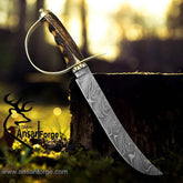 Damascus steel D-guard Bowie hunting knife