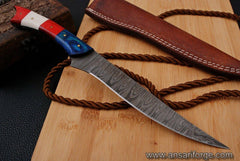 Damascus steel handmade fillet knife with Texas flag handle and free leather sheath